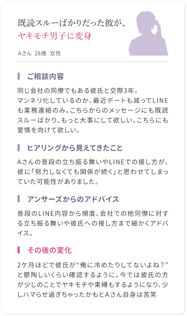 相談事例｜既読スルーばかりの彼がヤキモチ男子に変身したAさん（28歳女性）のケース