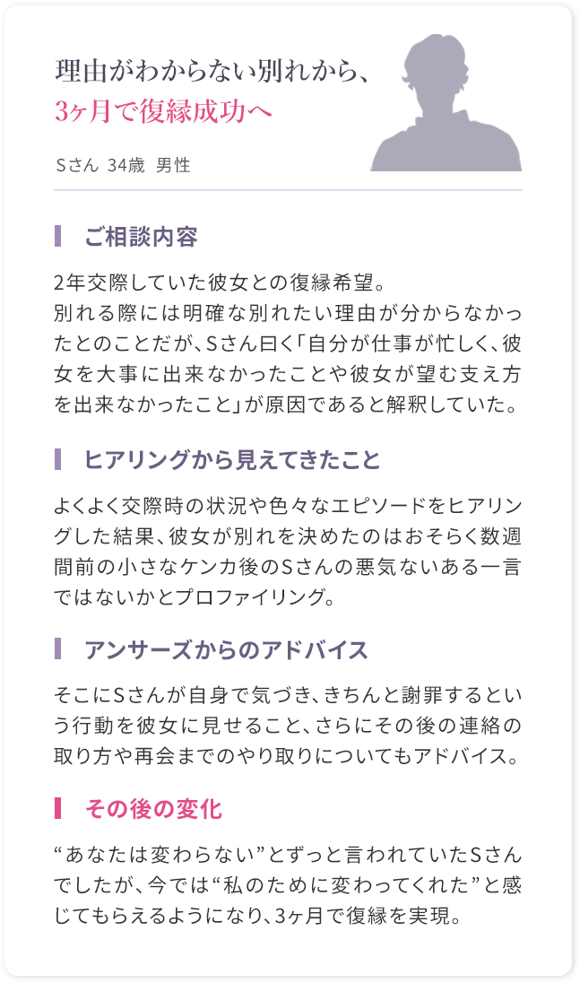 相談事例｜理由がわからない別れから3ヶ月で復縁に成功したSさん（34歳男性）のケース